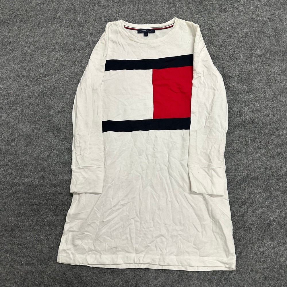 Tommy Hilfiger Dress Womens Size L White Flag Logo Long Sleeve Cotton Blend